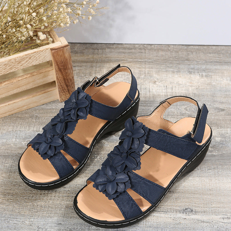 Flowers Sandals Summer Velcro Wedges Shoes For Women Women dealsniper-net Dark blue Size35