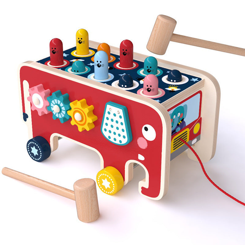 Montessori Toddlers Kids Wooden Pounding Bench Animal Bus Toys Early Educational Set Gifts For Children Toy Musical Instrument Kids dealsniper-net Red