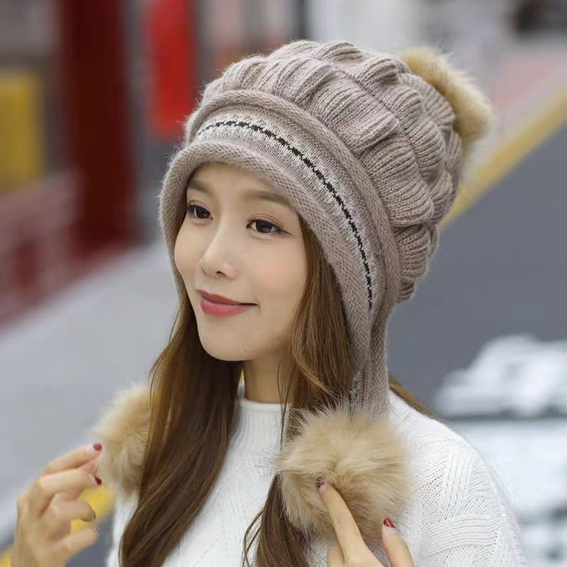 Cozy Knit Fleece-Feel Beanie With Ear Flaps & Pompom