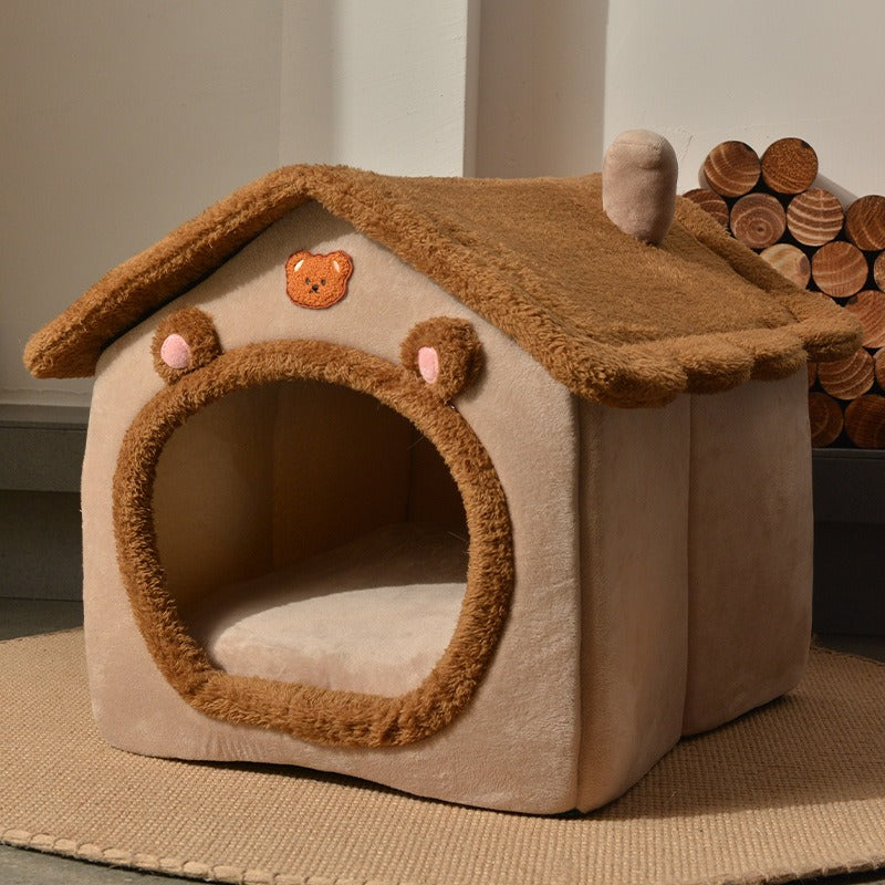 Four-season Universal Warm Closed Cat And Dog Kennel Pets Gym From House Brown bear head L