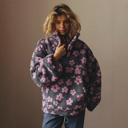 Winter Flowers Lambskin Sweatshirt With Big Pocket Women null