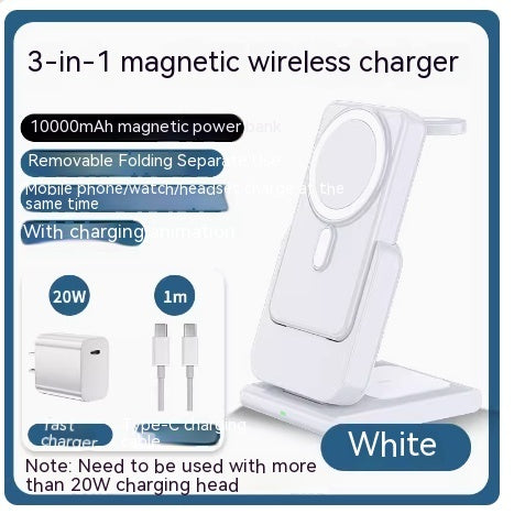 Magnetic Bracket Three In One Wireless Charger Electronics DealSniper.net White 20W 10000mAh