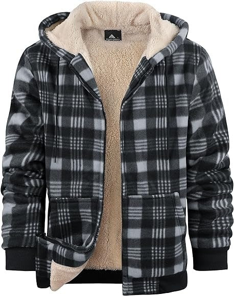 Men's Plaid Print Hooded Zip-Up Jacket Winter Coat Clothing