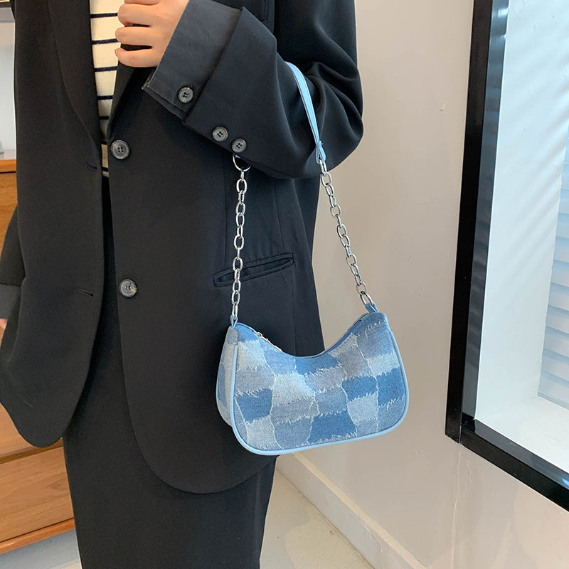 Denim Shoulder Bag Simple Plaid Patchwork Bag Women DealSniper.net