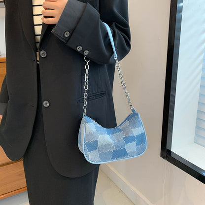 Denim Shoulder Bag Simple Plaid Patchwork Bag Women DealSniper.net