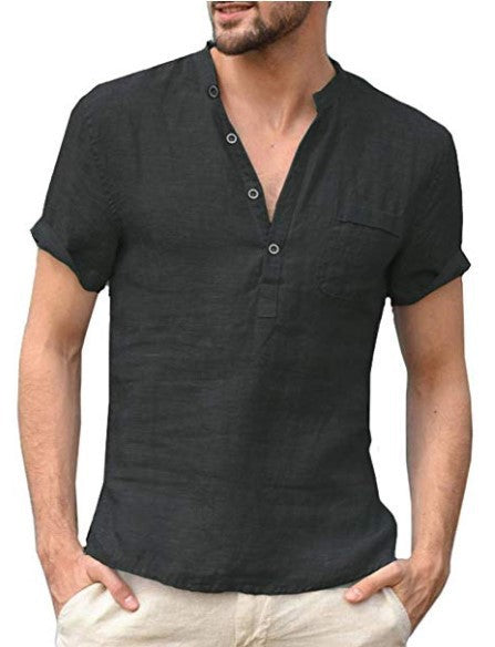 Casual Linen Solid Color Shirt Button V Neck Beach Shirt Men Summer Tops Men DealSniper.net