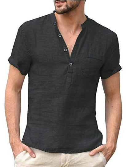 Casual Linen Solid Color Shirt Button V Neck Beach Shirt Men Summer Tops Men DealSniper.net