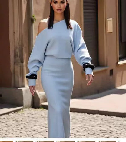 Ins Slim Long Sleeve Knitted Dress Evening Party Dresses Women Gym From House Sky Blue L