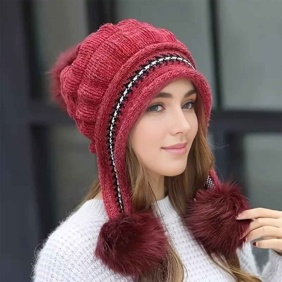 Cozy Knit Fleece-Feel Beanie With Ear Flaps & Pompom