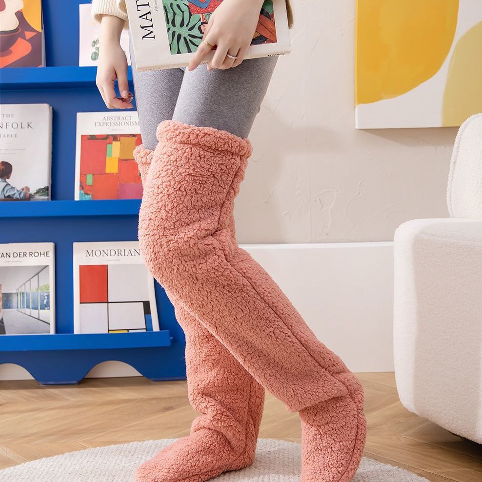 Over Knee High Fuzzy Long Socks Winter Warm Cold Leg Knee Joint Cold-proof Stockings Home Floor Sleeping Socks Men dealsniper-net Coral Pink Average Size