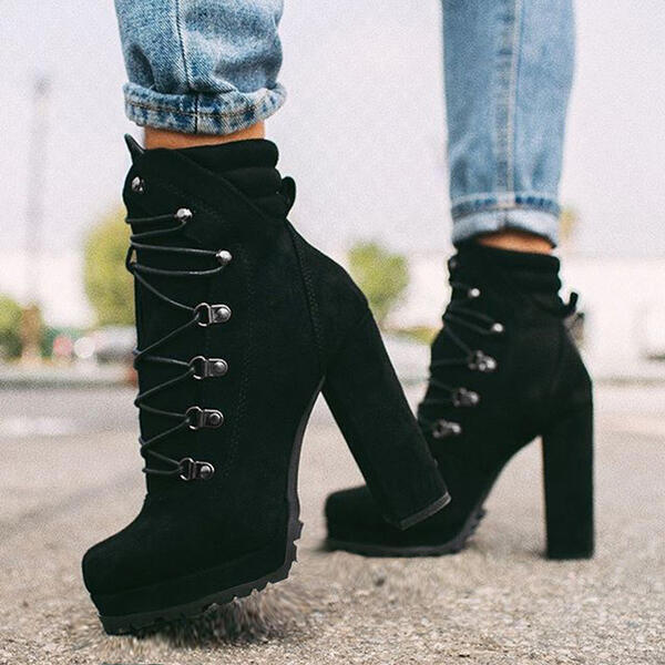 Heeled Boots For Women Round Toe Lace UP High Heels Boots Mid Calf Shoes Women dealsniper-net Black Size35