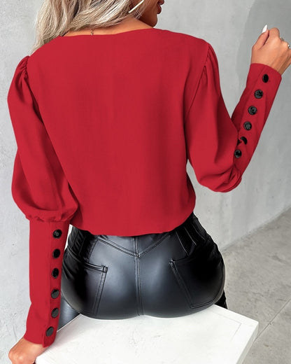 Fashion V-neck Long Sleeve Blouse With Button Design Women dealsniper-net