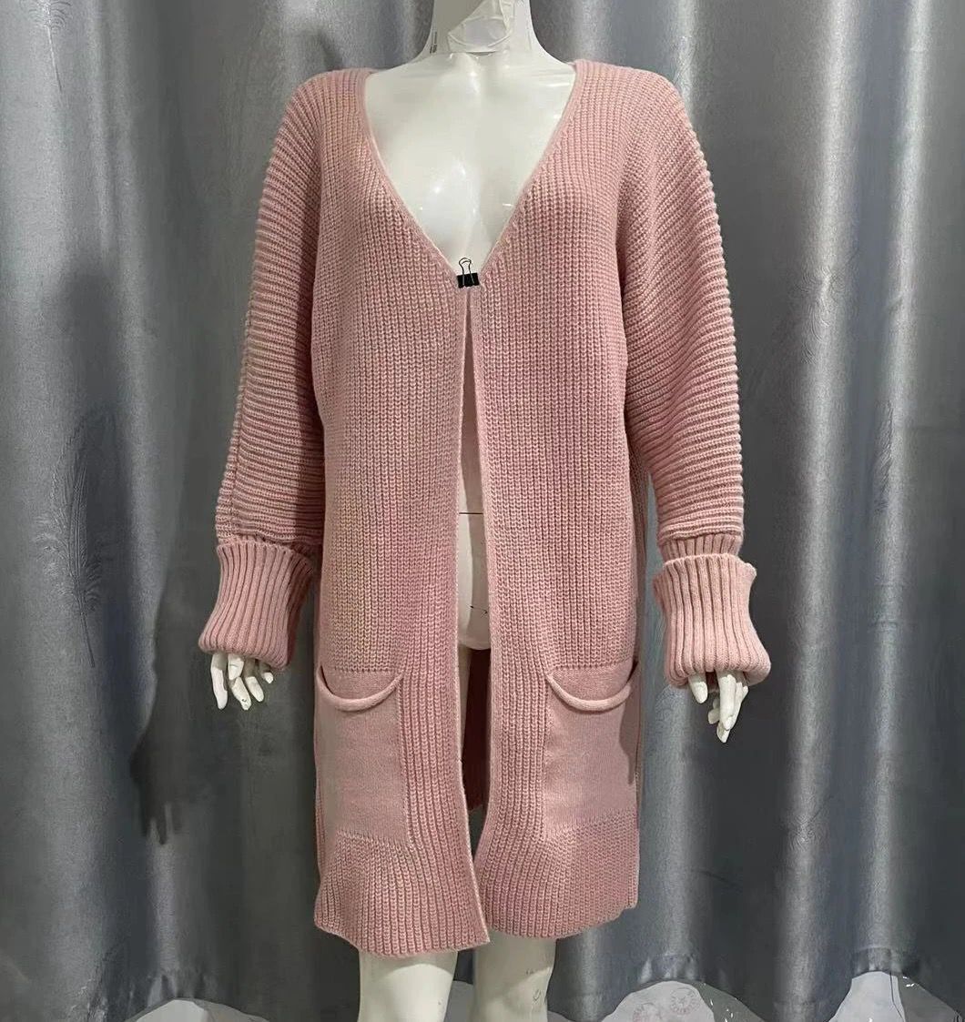 New Solid Color Loose Knitted Sweater Mid-length Coat Women dealsniper-net Pink L