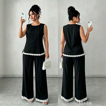 New Sleeveless Casual Pants Set Plus Size Vacation Outfit Women Gym From House Black 1XL