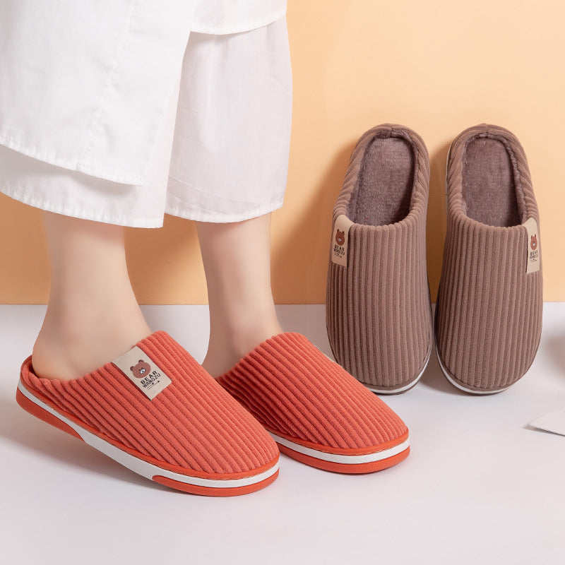 Solid Color Striped Slippers For Women Thick-soled Anti-slip Indoor Warm Plush Home Shoes Couple Women Men Slipper Winter Women dealsniper-net