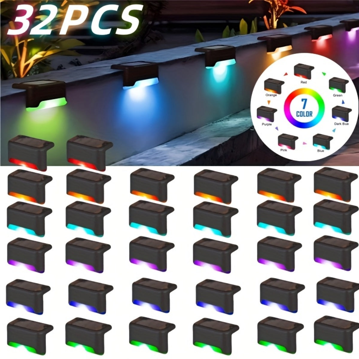 32&16 PCS Solar Deck Lights Outdoor Solar Step Lights Outdoor Gym From House RGB Light 32Pack