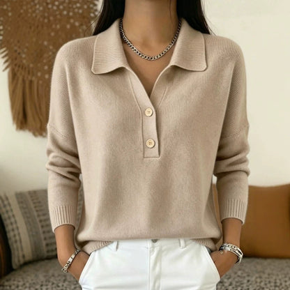 Women 's Polo Collar Knit Sweater Half Button V Neck Solid Color Women Gym From House