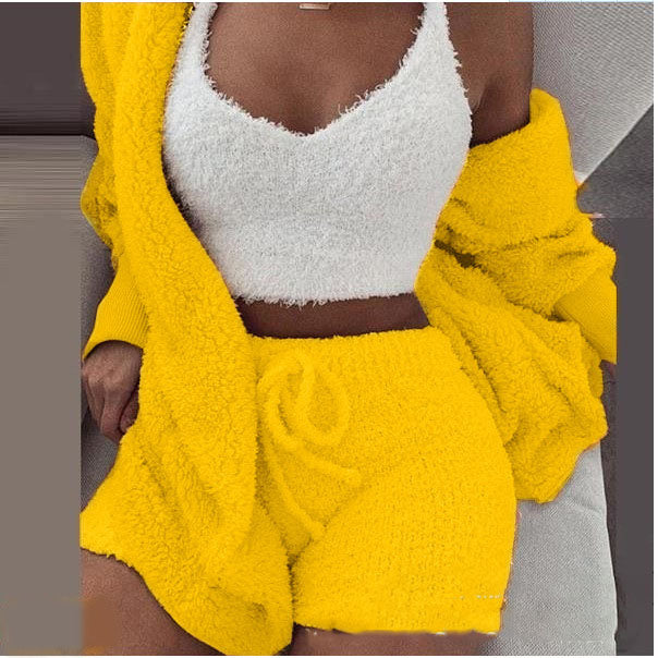 3 Pieces Of Fashionable Ladies Plush Home Clothes Women dealsniper-net Lemon yellow 2XL