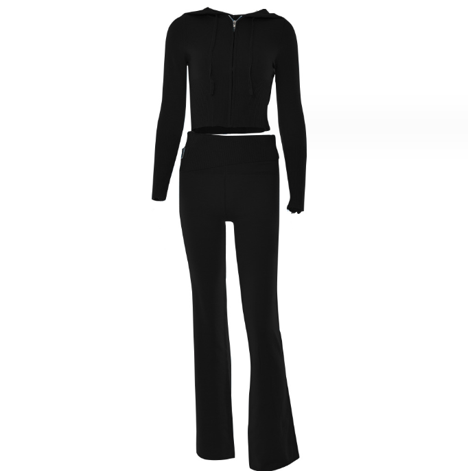 Hoodie Suit Women Leisure Sexy Zip Long Sleeve Sweater And High Waist Long Pants Set Women dealsniper-net Black suit L