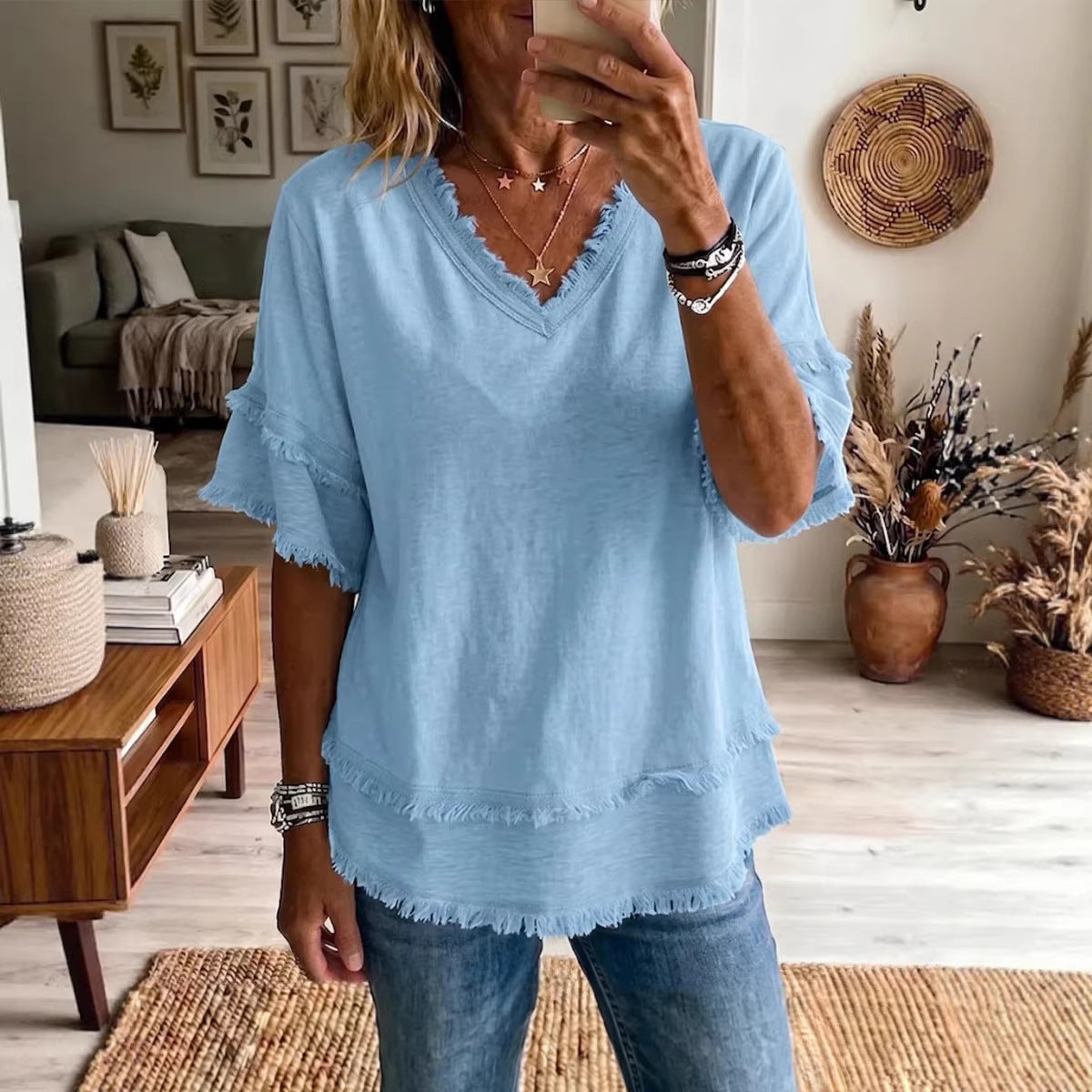 Casual Women's Shirt V-Neck Short Sleeve Loose Fit Women Gym From House