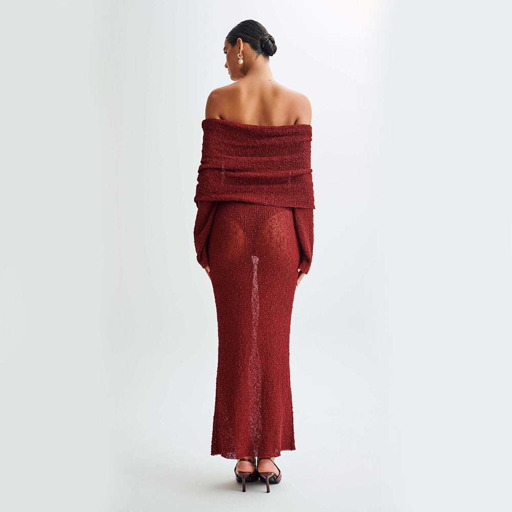 New One-shoulder Knitted Long-sleeved Dress Sexy Beach Women dealsniper-net Red L