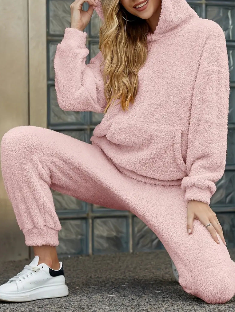 Winter Plush Pajama Set Fashion Casual Hooded Top And Elastic Band Women null Pink 2XL