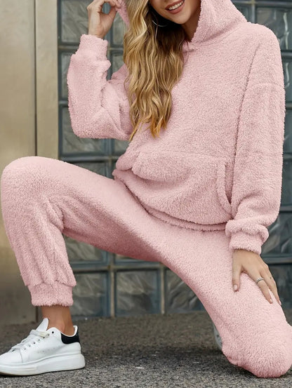 Winter Plush Pajama Set Fashion Casual Hooded Top And Elastic Band Women null Pink 2XL