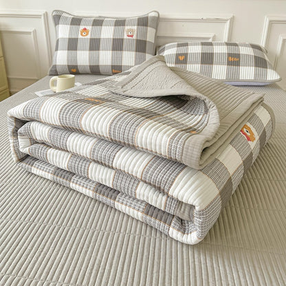 Quilted Bed Cover Three-piece Class A Maternal House dealsniper-net Gray Plaid Bear 200x230cm Bedspread