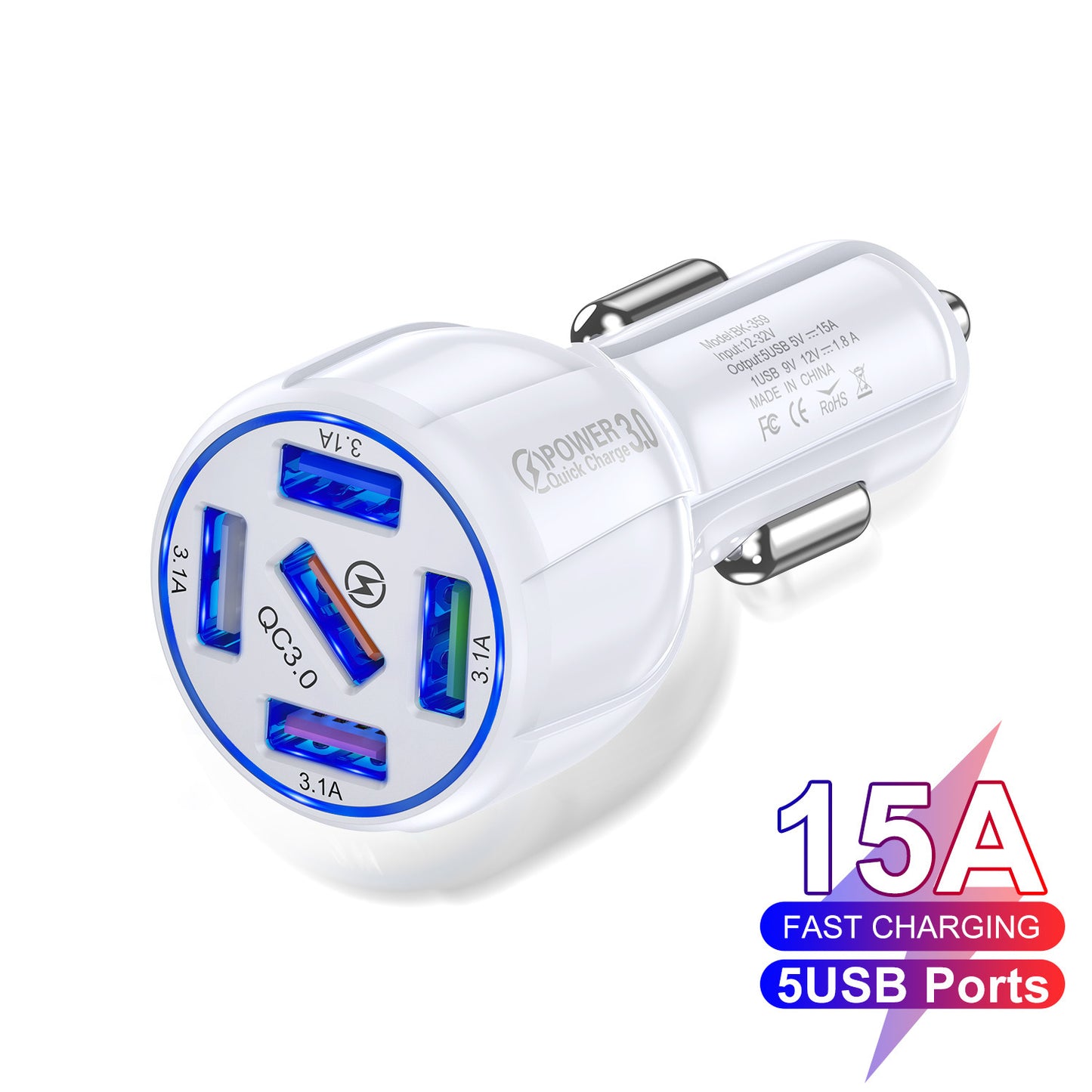 5-port 15A QC3.0 5USB Car Charger Fast Charge Car Charger Electronics DealSniper.net White USB