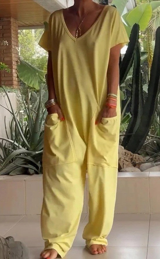 V-neck Oversized Pocket Low-grade Jumpsuit Women DealSniper.net 2XL Yellow