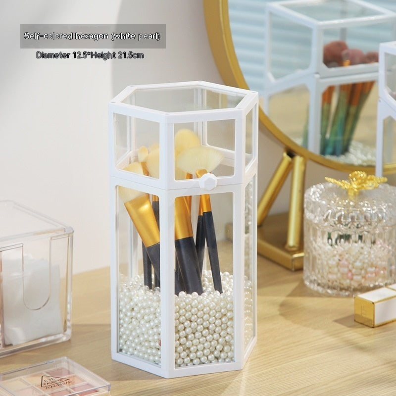 Makeup Brush Glass Storage Container Dustproof Cover Beauty dealsniper-net White Hexagon White Pearl