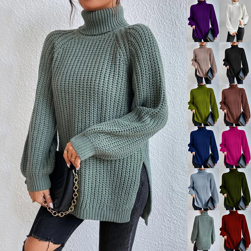 Turtleneck Pullover Sweater With Split Design Fashion Simple