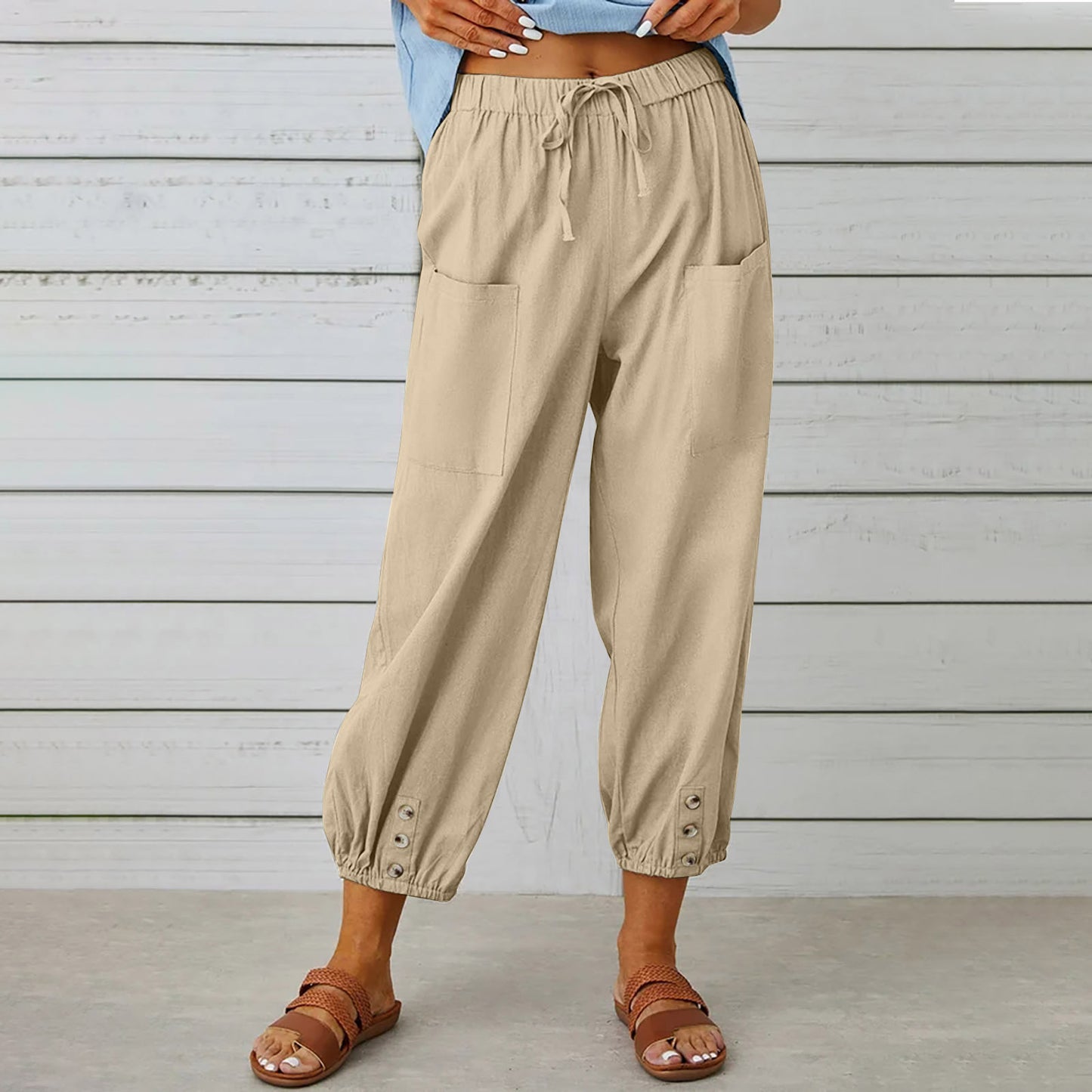 Women Drawstring Tie Pants Spring Summer Cotton And Linen Women dealsniper-net Khaki 4XL