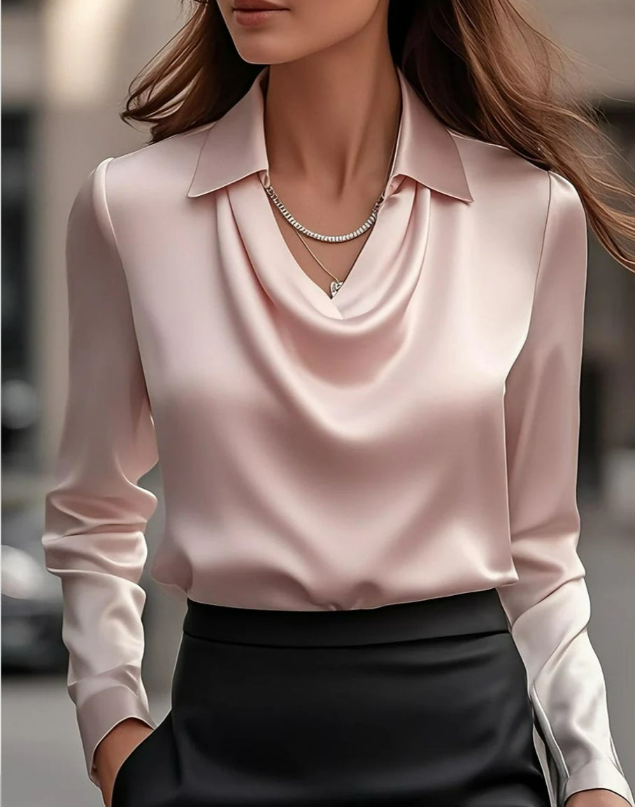 Women's Swing Collar Draped Shirts & Blouses Elegant Solid Satin Women Gym From House