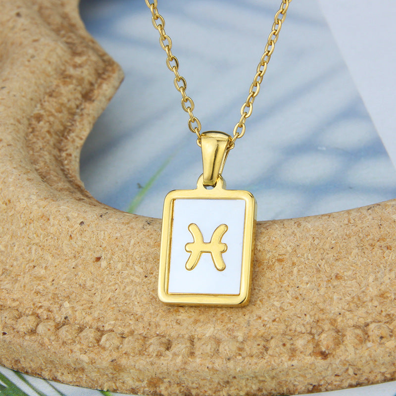 Stainless Steel Square Shell Zodiac Necklace Jewelry dealsniper-net Pisces White