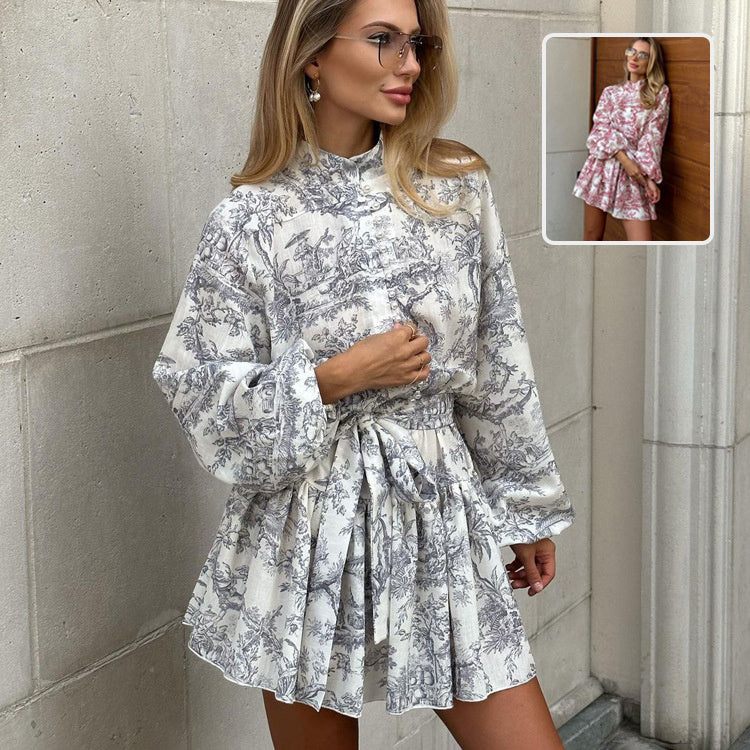 Ink Print Long Sleeve Short Dress With Fashion Puffy Sleeve Women dealsniper-net