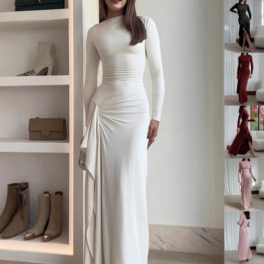 Slim-fitting Long-sleeved Asymmetric Split Dress Ins Fashion