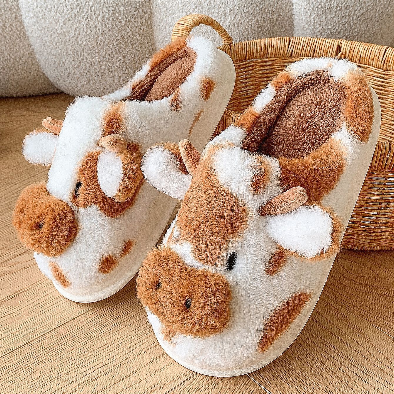 Cute Cartoon Cow Plush Slippers Winter Warm Indoor Shoes Women DealSniper.net Brown 36to37