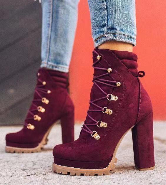 Heeled Boots For Women Round Toe Lace UP High Heels Boots Mid Calf Shoes Women dealsniper-net Wine red Size35