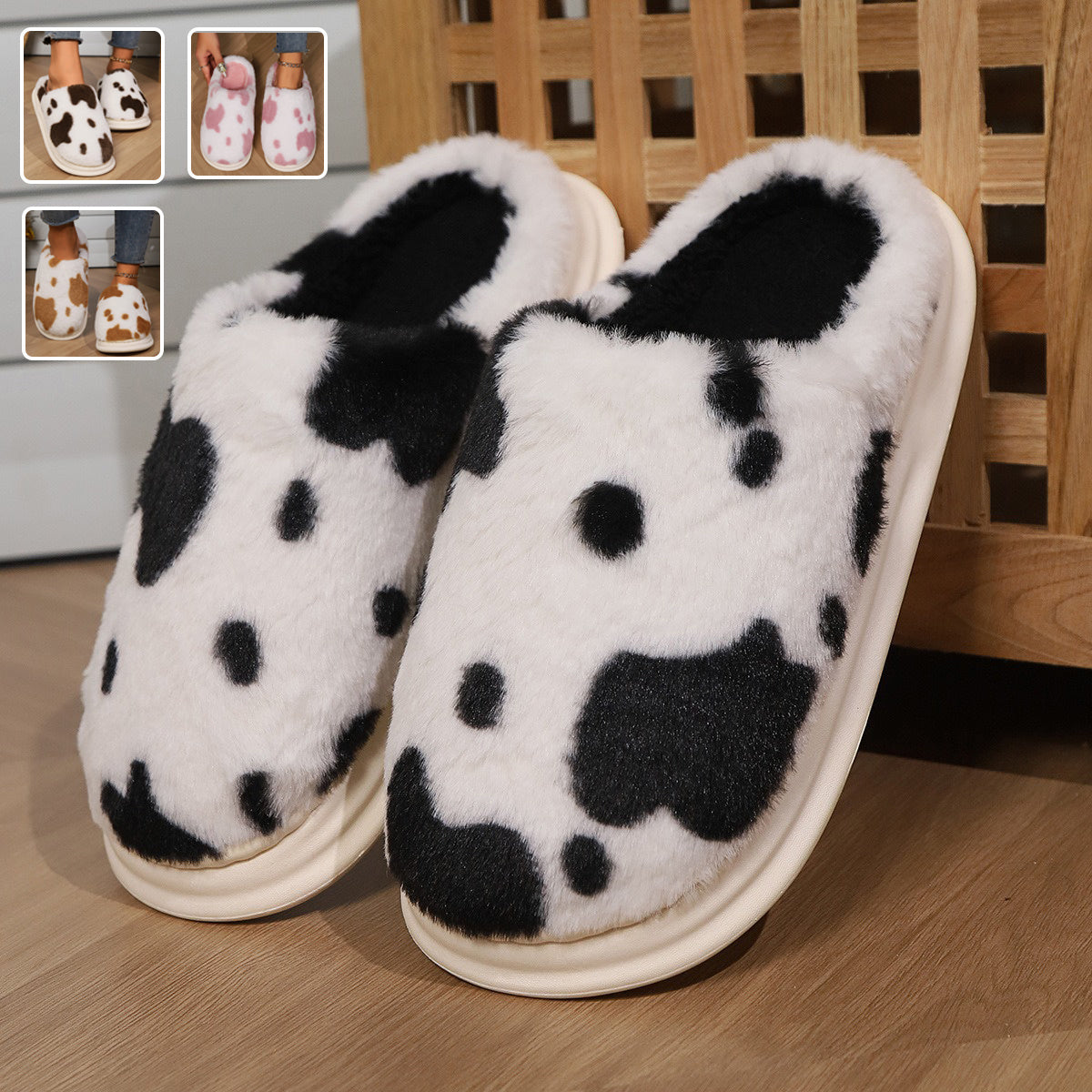 Cute Cow Spotted Plush Slippers Winter Warm Non-slip Women dealsniper-net