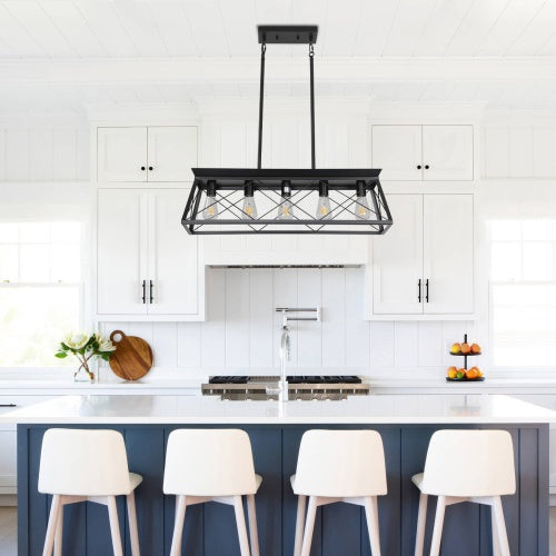 5 Lamps Farmhouse Chandelier For Dining Room, Metal Rustic Chandelier Island Lamp, Modern Rectangular Island Lamp For Kitchen, Living Room Pure Black - No Bulbs Unavailable Platforms- Temu Kitchen DealSniper.net