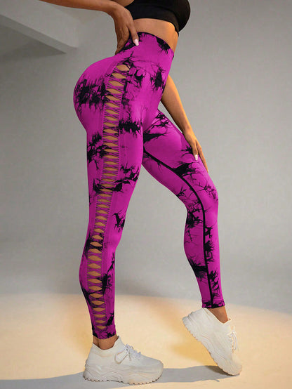 Hollow Tie Dye Printed Yoga Pants High Waist Butt Lift Women Gym From House Dark Rose Red L