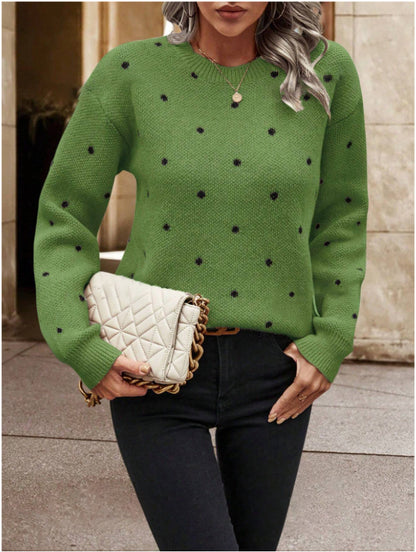 Ins Polka Dot Print Pullover Sweater Fashion Casual Long-sleeved Women null Dark Green L