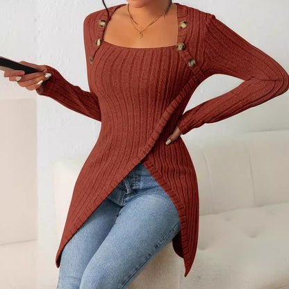 Square Collar Irregular Knitted Top With Button Design