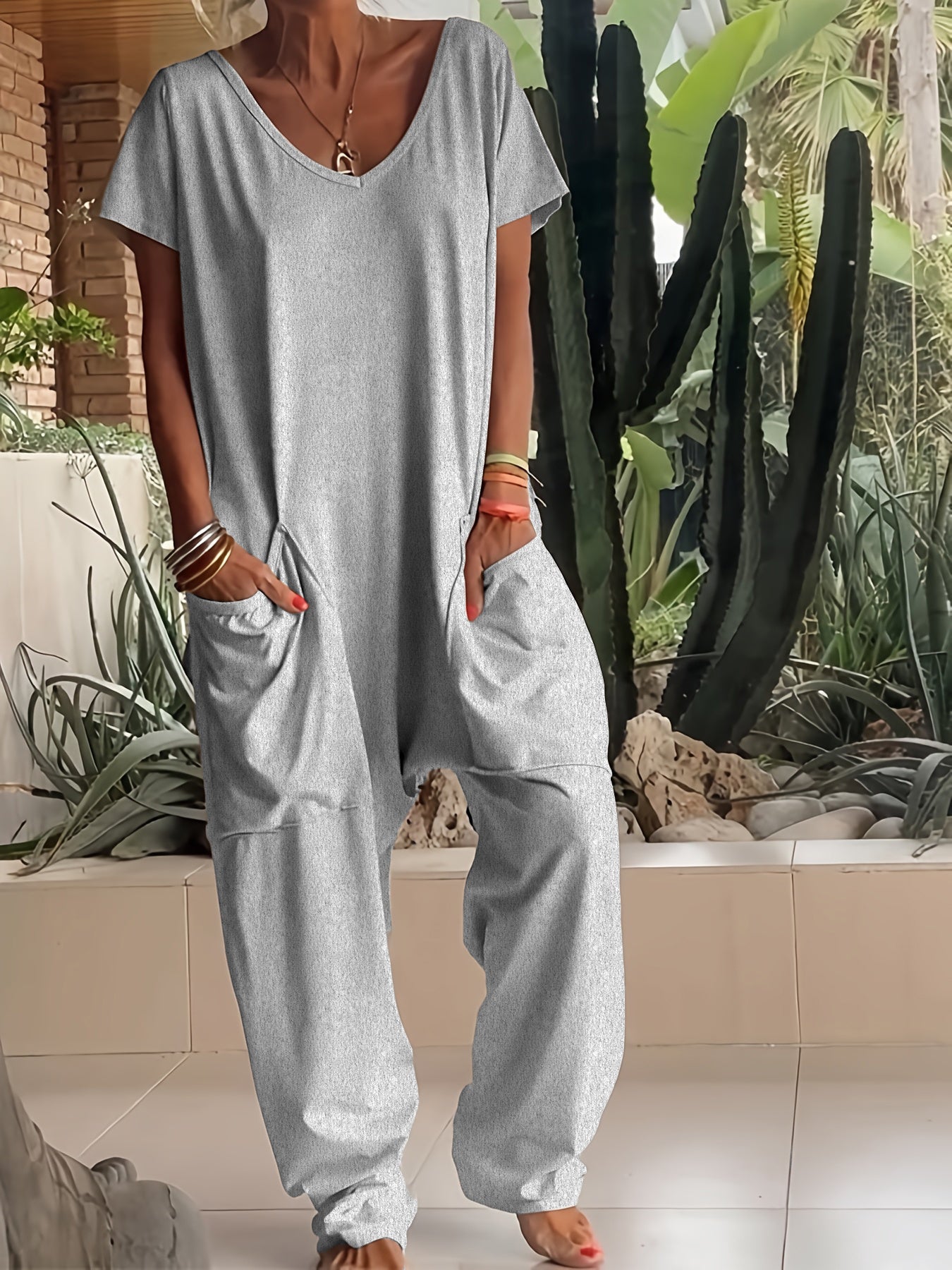 V-neck Oversized Pocket Low-grade Jumpsuit Women DealSniper.net 2XL Flower grey