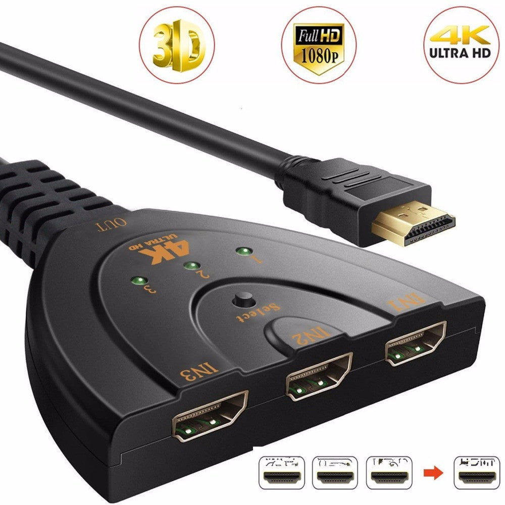 3 Port 4K HDMI 2.0 Cable Auto Splitter Switcher 3x1 Adapter HUB 3D 3 To 4K 2K 3D Mini 3 Port HDMI-compatible Gadgets dealsniper-net Black