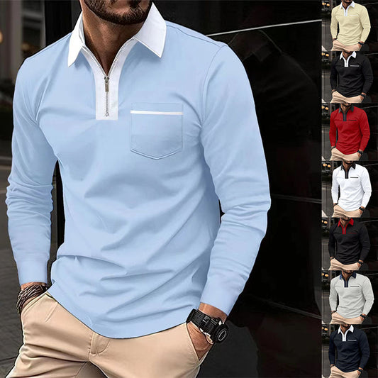 Autumn Mens Long Sleeve Zipper Polo Shirts Casual Lapel