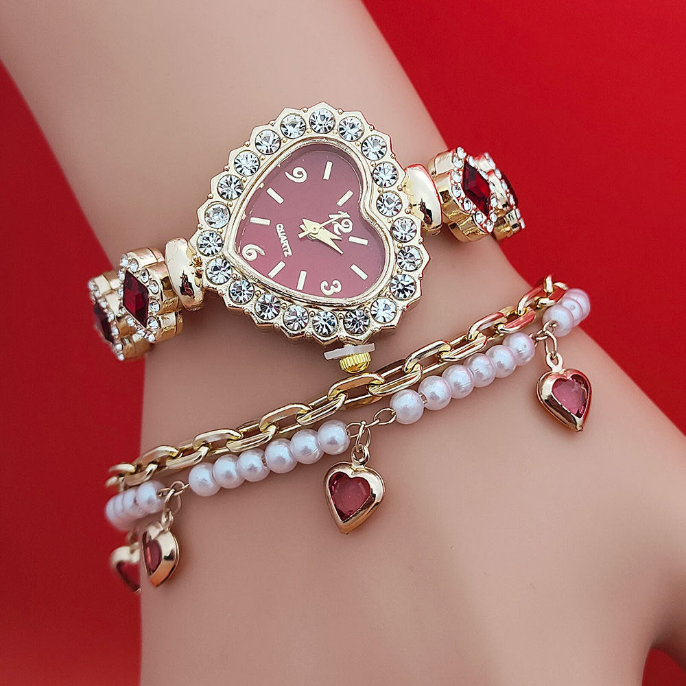 Fashion Love Shape Bracelet Watch Set Diamond Colored Heart Quartz Jewelry DealSniper.net Red Watch Bracelet
