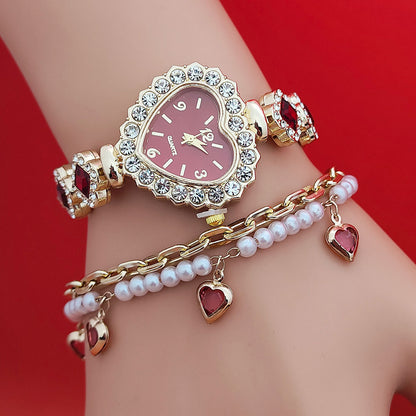 Fashion Love Shape Bracelet Watch Set Diamond Colored Heart Quartz Jewelry DealSniper.net Red Watch Bracelet