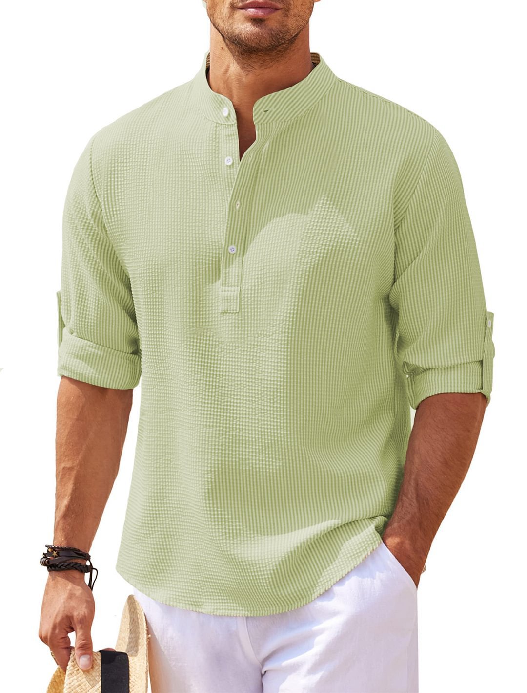 Men's Casual Shirt Long Sleeve Stand Collar Solid Color Shirt Mens Clothing Men dealsniper-net Green 2XL